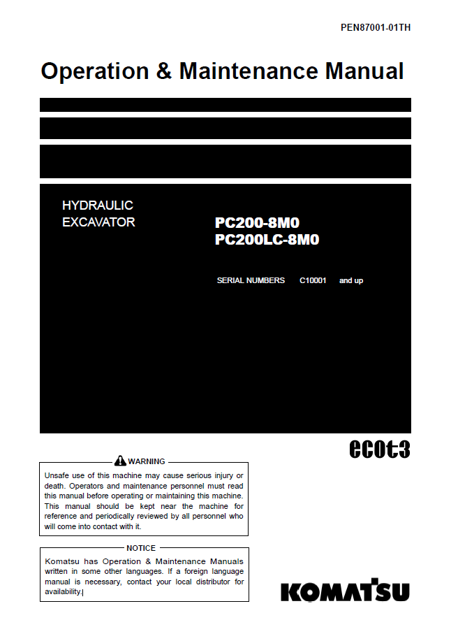 Komatsu PC200-8M0 PC200LC-8M0 Hydraulic Excavator Operation & Maintenance Manual PEN87001-01TH PDF
