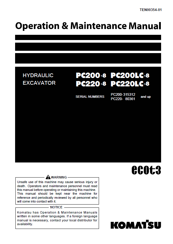 Komatsu PC200-8, PC200LC-8, PC220-8, PC220LC-8 Hydraulic Excavator Operation & Maintenance Manual PDF