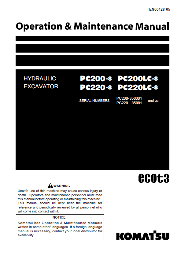 Komatsu PC200-8, PC220-8 Excavator Operation & Maintenance Manual PDF