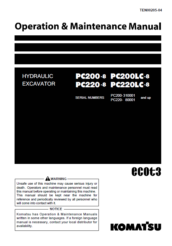 Komatsu PC200-8, PC220-8 Hydraulic Excavator Operation & Maintenance Manual PDF