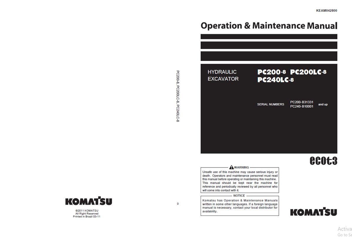 Komatsu PC200-8 & PC240LC-8 Hydraulic Excavator Operation Manual | KEAM042800