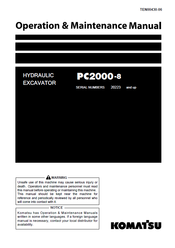 Komatsu PC2000-8 Hydraulic Excavator Operation & Maintenance Manual PDF