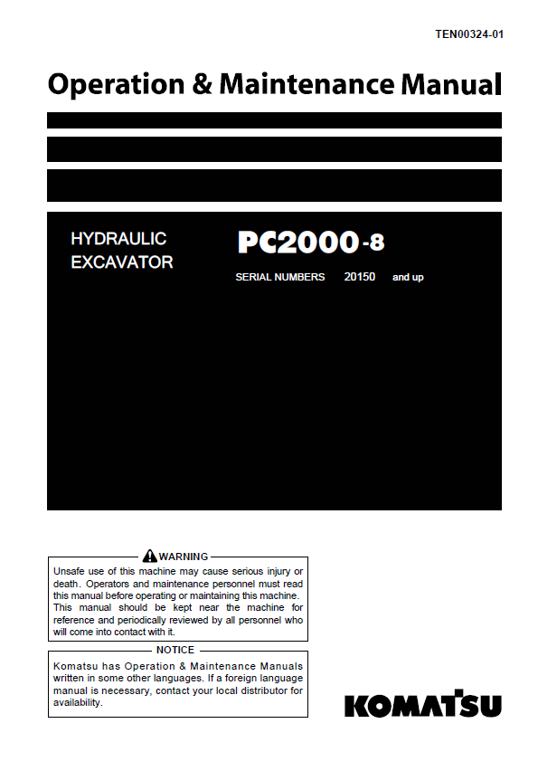 Komatsu PC2000-8 Hydraulic Excavator Operation & Maintenance Manual PDF