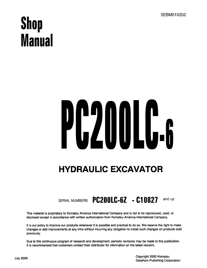 Komatsu PC200LC-6 Hydraulic Excavator Shop Manual (SEBD010202) - PDF Download