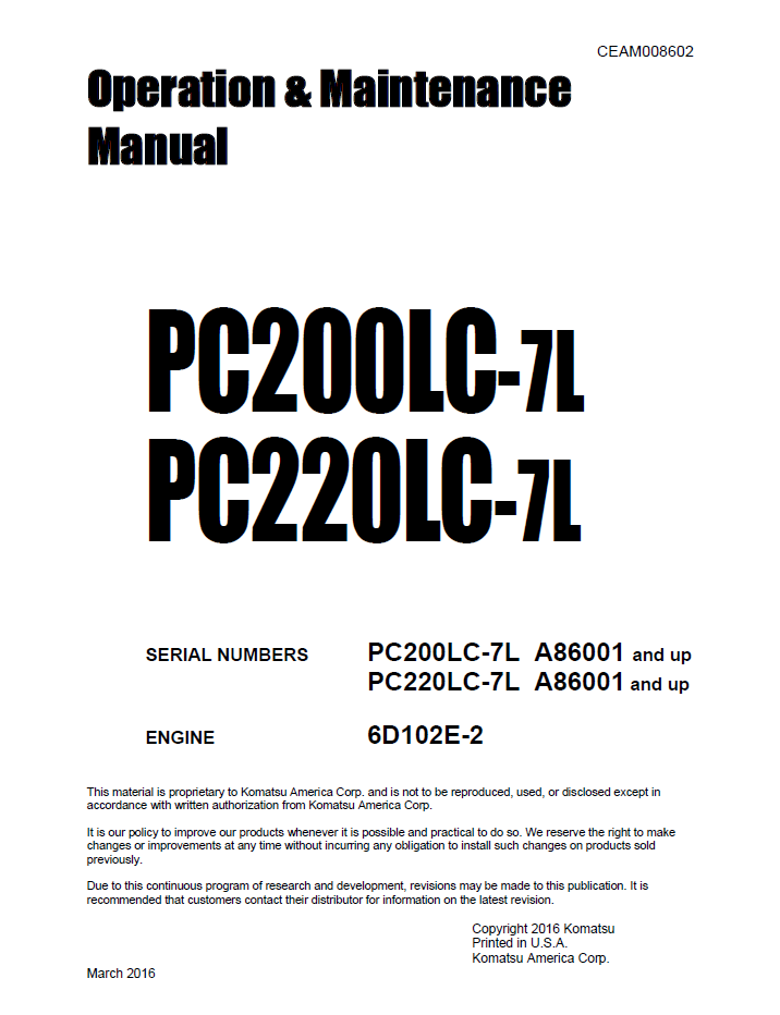 Komatsu PC200LC-7L PC220LC-7L Hydraulic Excavator Operation and Maintenance Manual CEAM008602 PDF