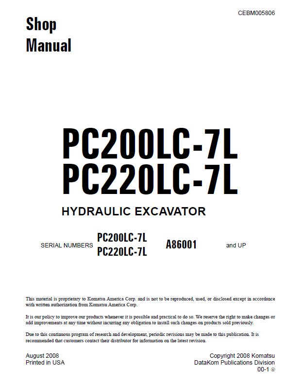 Komatsu PC200LC-7L PC220LC-7L Repair Manual CEBM005806 PDF