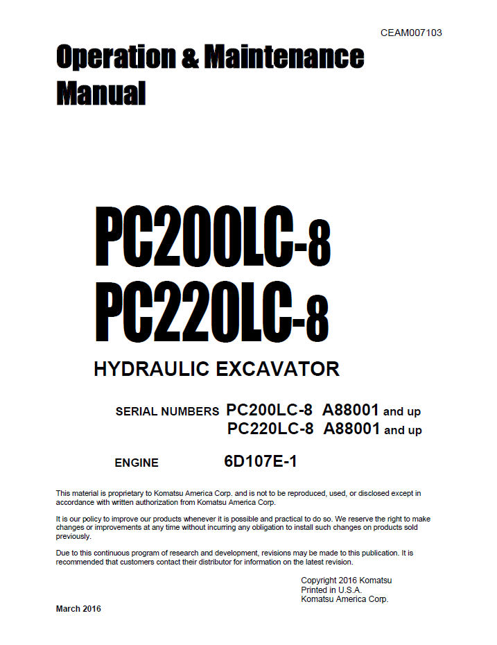 Komatsu PC200LC-8 PC220LC-8 Hydraulic Excavator Operation and Maintenance Manual CEAM007103 PDF