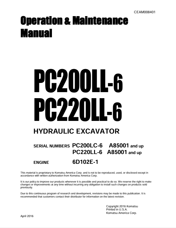 Komatsu PC200LL-6 PC220LL-6 Hydraulic Excavator Manual PDF