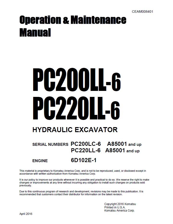 Komatsu PC200LL-6 PC220LL-6 Hydraulic Excavator Operation and Maintenance Manual CEAM008401 PDF