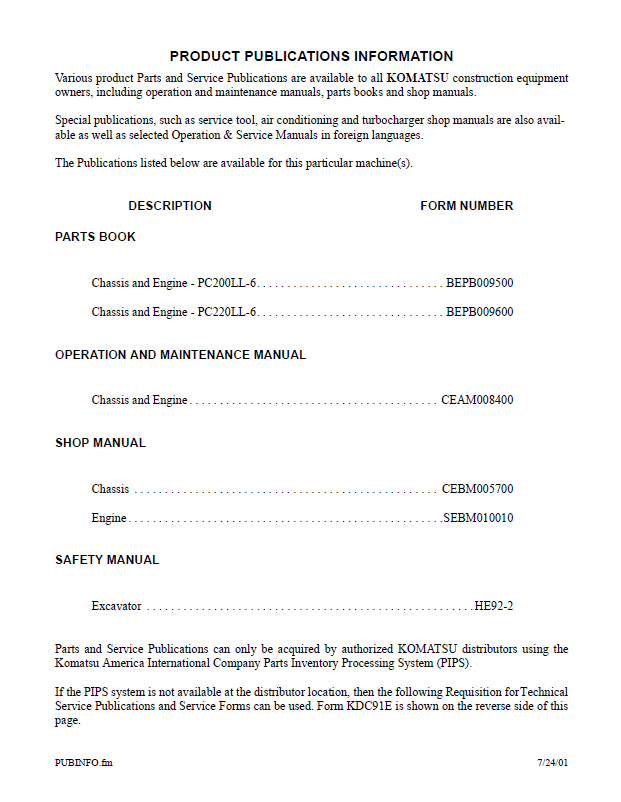 Komatsu PC200LL-6 PC220LL-6 Service Manual CEBD005700 PDF