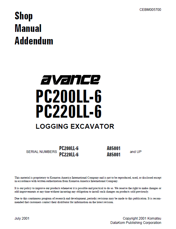 Komatsu PC200LL-6 PC220LL-6 Shop Manual CEBD005700 PDF