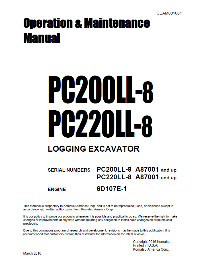 Komatsu PC200LL-8 PC220LL-8 Logging Excavator Operation and Maintenance Manual CEAM001604 PDF
