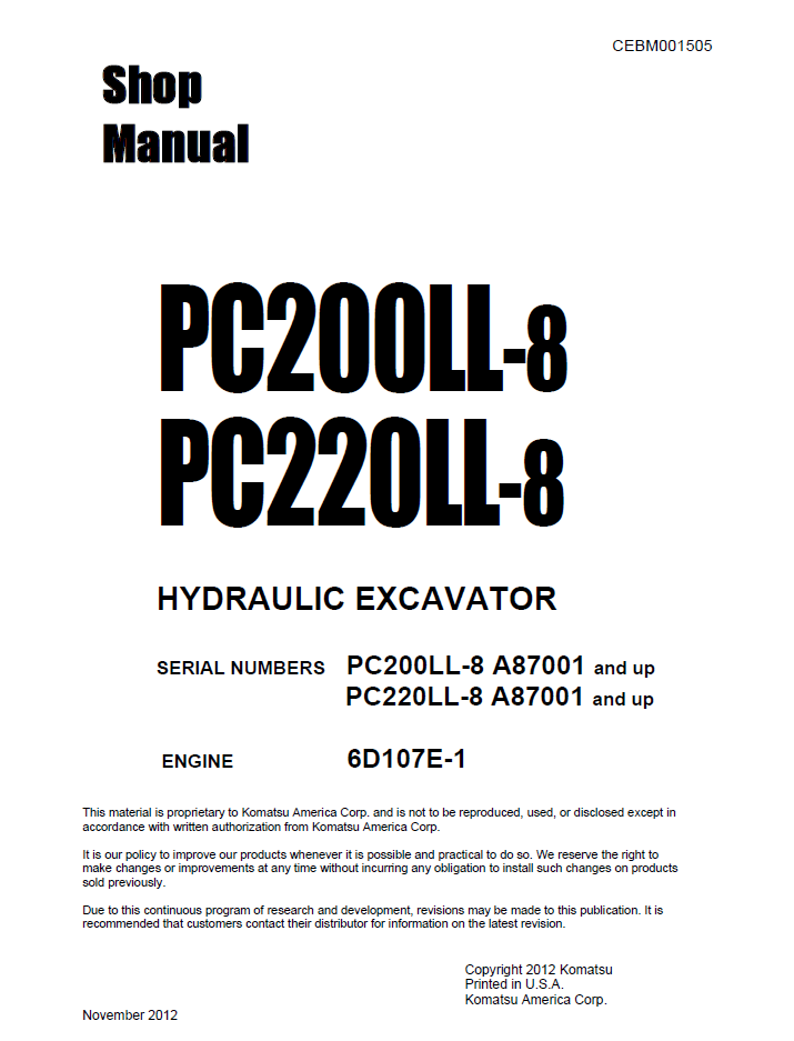 Komatsu PC200LL-8 PC220LL-8 Repair Manual CEBM001505 PDF