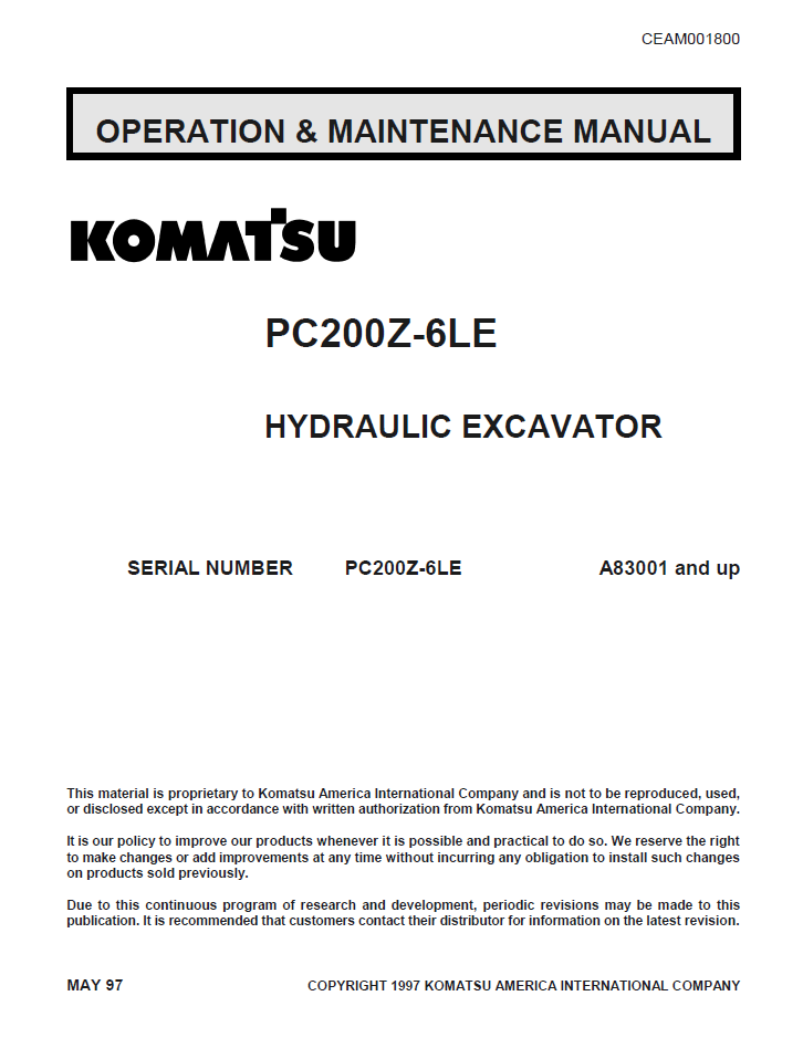 Komatsu PC200Z-6LE Excavator Manual CEAD001800 PDF