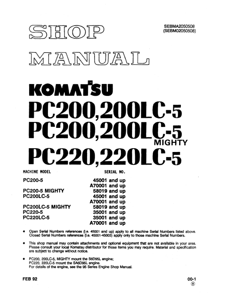 Komatsu PC200 PC200LC-5 PC220-5 Shop Manual SEBDA2050508