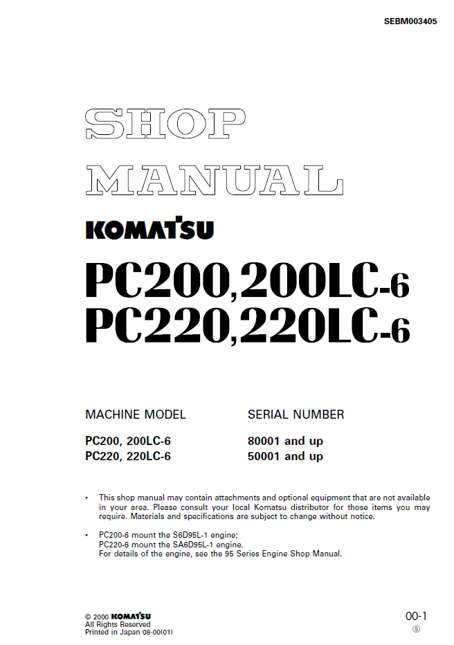 Komatsu PC200, PC200LC-6, PC220, PC220LC-6 Shop Manual (SEBD003405) - PDF Download