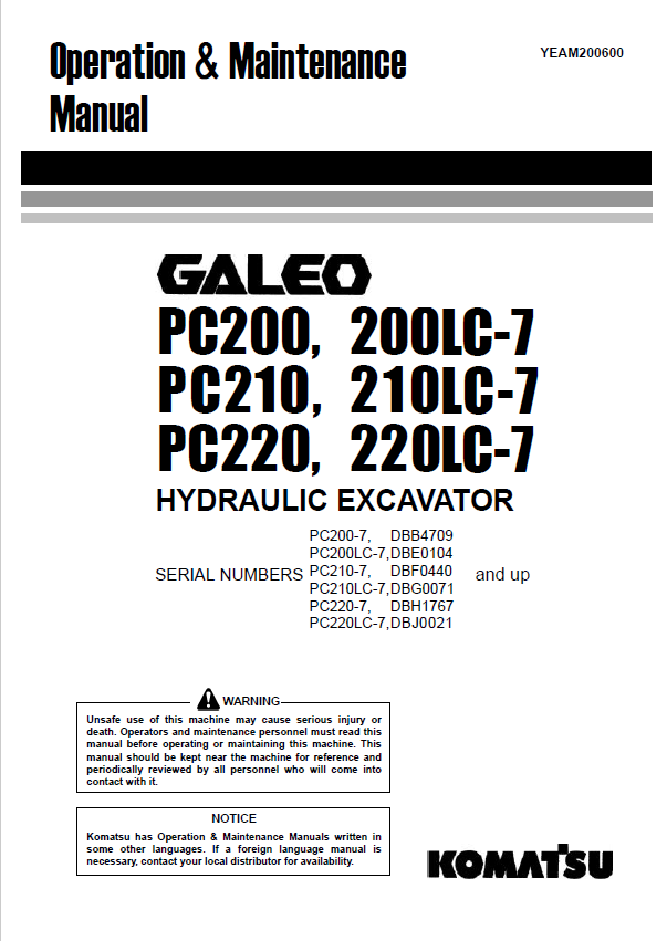 Komatsu PC200, PC210, PC220 Excavator Operation & Maintenance Manual PDF