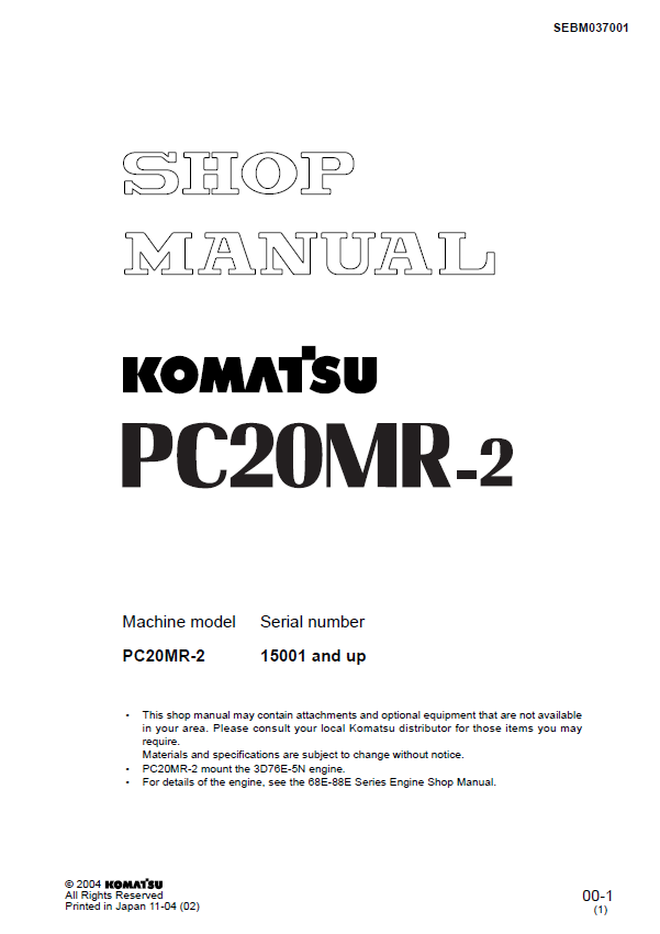 Komatsu PC20MR-2 Engine Shop Manual SEBM037001 PDF