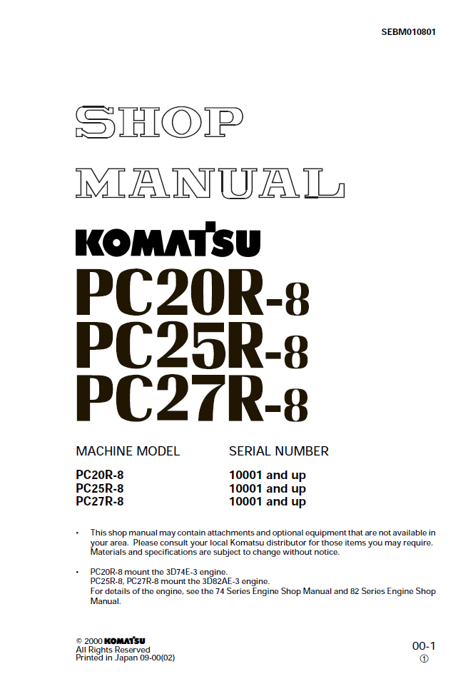 Komatsu PC20R-8 PC25R-8 PC27R-8 Shop Manual SEBM010801 PDF