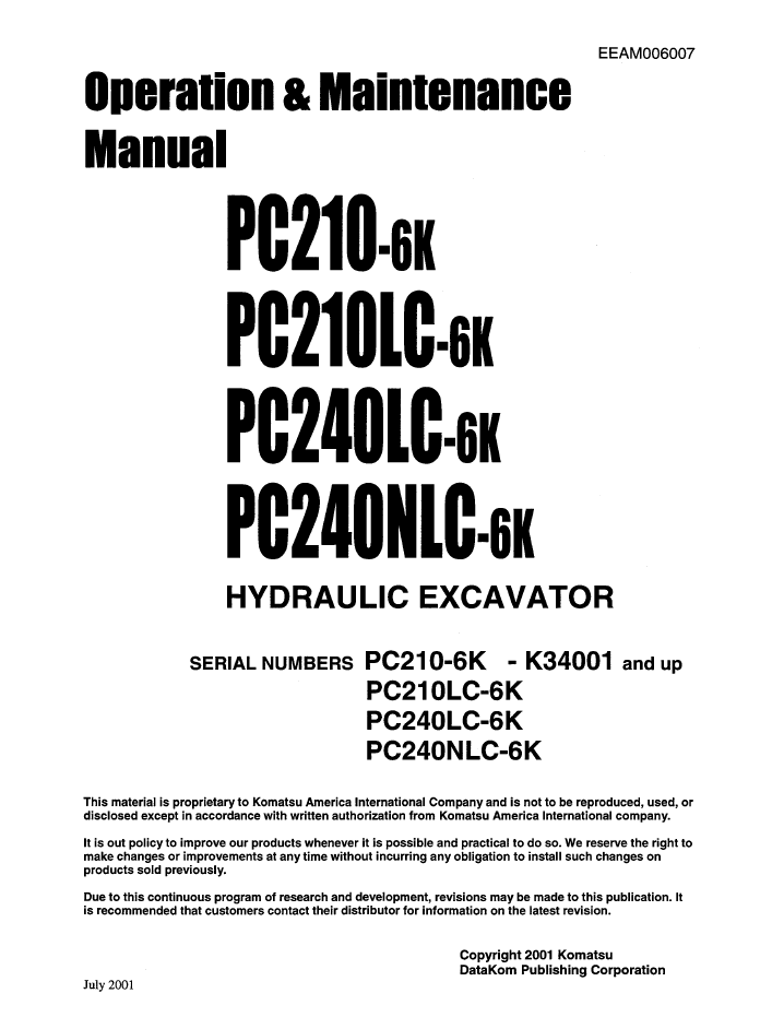 Komatsu PC210-6K, PC210LC-6K, PC240LC-6K & PC240NLC-6K Excavator Operation Manual EEAD006007 PDF