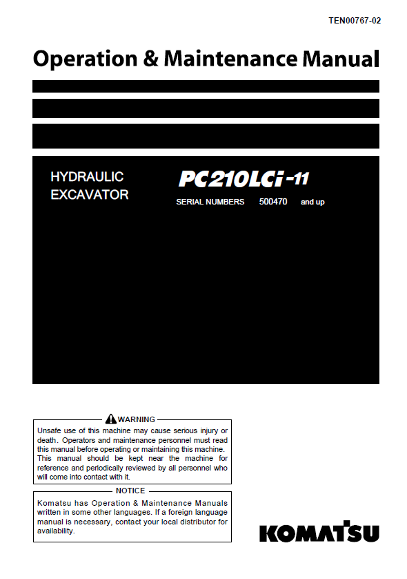 Komatsu PC210LCi-11 Hydraulic Excavator Operation & Maintenance Manual TEN00767-02 PDF