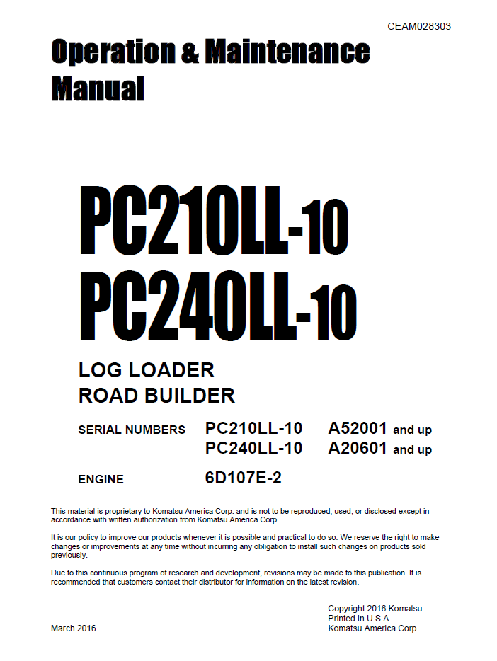 Komatsu PC210LL-10 PC240LL-10 Operation Manual CEAM028303 PDF