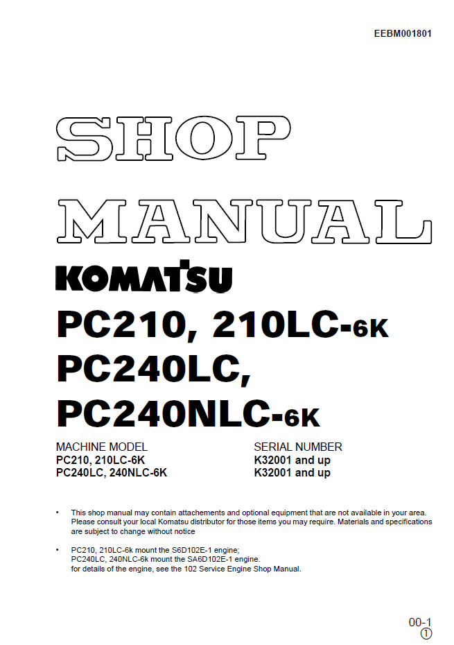 Komatsu PC210, 210LC-6K, PC240LC, PC240NLC-6K Excavator Shop Manual (EEBM001801)