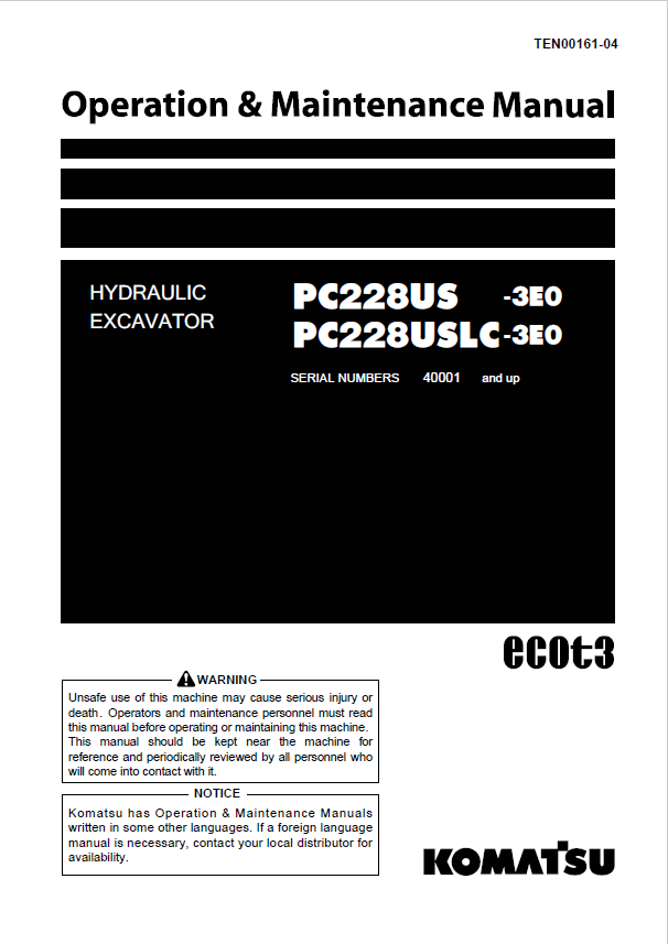 Komatsu PC228US-3E0 & PC228USLC-3E0 Excavator Operation & Maintenance Manual PDF