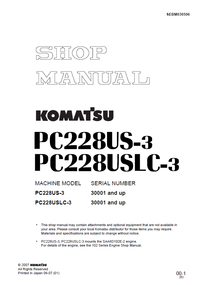 Komatsu PC228US-3 PC228USLC-3 Engine Manual SEBM030506