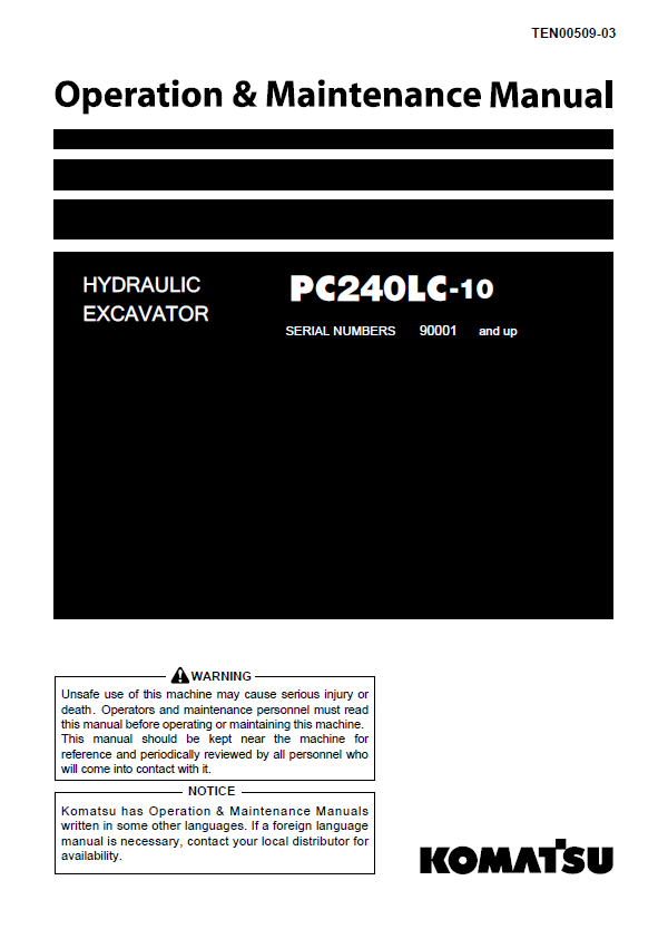 Komatsu PC240LC-10 Excavator Operation & Maintenance Manual (TEN00509-03 PDF)