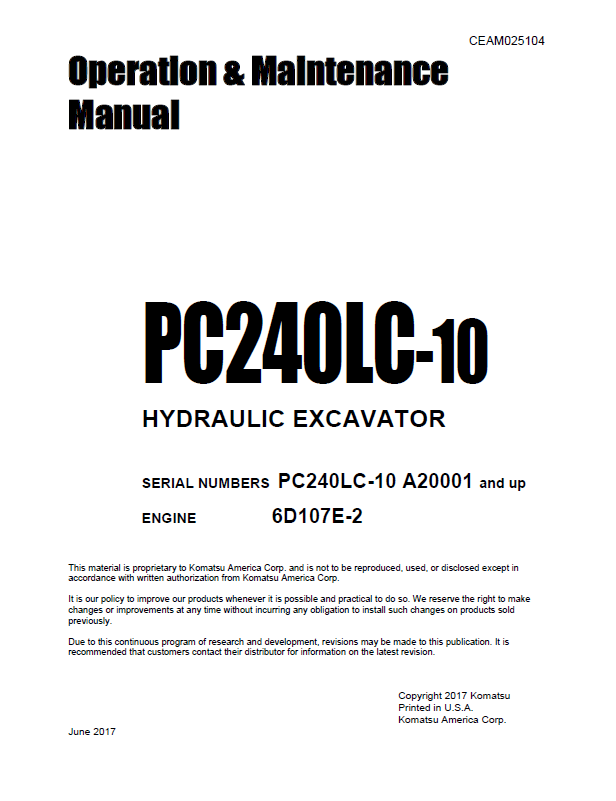 Komatsu PC240LC-10 Hydraulic Excavator Operation Manual CEAM025104