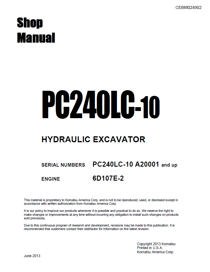 Komatsu PC240LC-10 Hydraulic Excavator Shop Manual CEBM024902 PDF