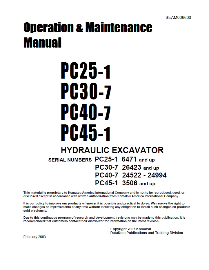 Komatsu PC25-1 PC30-7 PC40-7 PC45-1 Excavator Manual SEAD006600