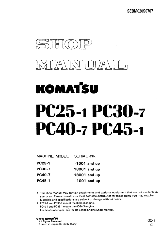 Komatsu PC25-1, PC30-7, PC40-7, PC45-1 Mini Excavator Shop Manual (SEBD020S0707) - PDF