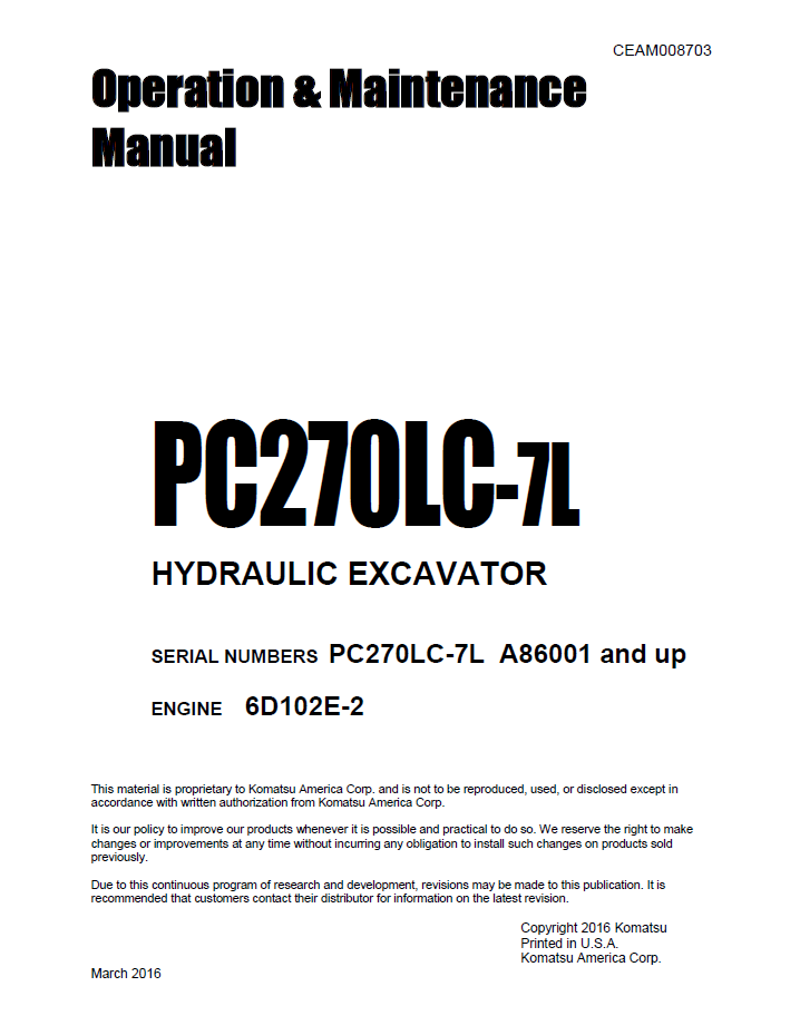 Komatsu PC270C-7L Hydraulic Excavator Operation and Maintenance Manual CEAM008703 PDF