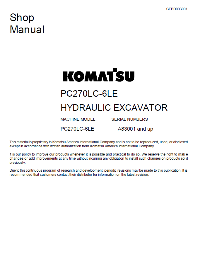 Komatsu PC270LC-6LE Excavator Shop Manual CEBD003001D PDF