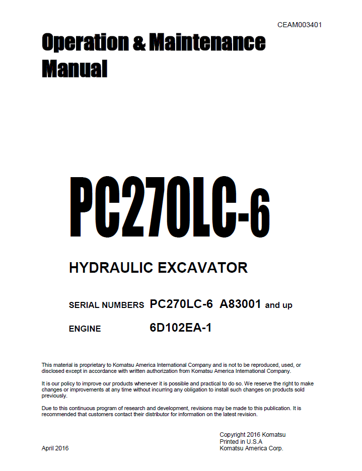 Komatsu PC270LC-6 Hydraulic Excavator Operation and Maintenance Manual CEAM003401 PDF