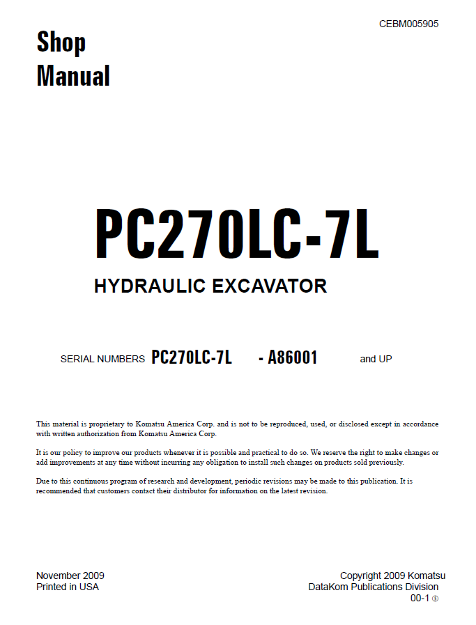 Komatsu PC270LC-7L Repair Manual CEBM005905 PDF