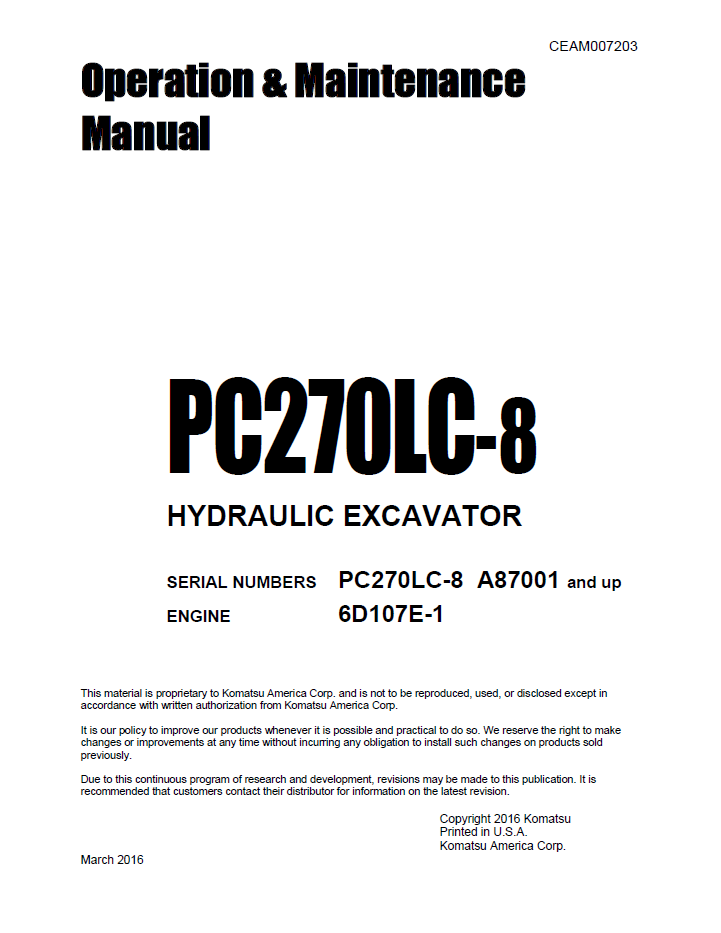 Komatsu PC270LC-8 Hydraulic Excavator Operation and Maintenance Manual CEAM007203 PDF