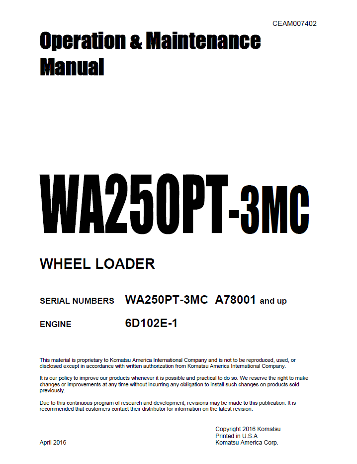 Komatsu PC270LC-8 Hydraulic Excavator Operation and Maintenance Manual CEAM007402 PDF