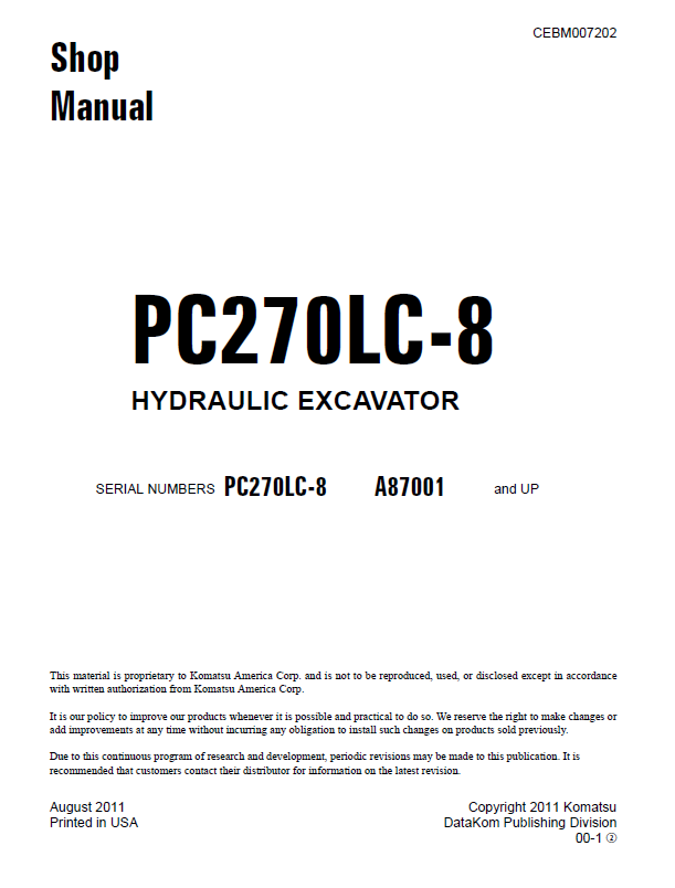 Komatsu PC270LC-8 Repair Manual CEBM007202 PDF