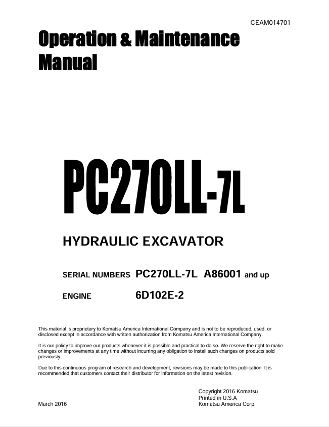 Komatsu PC270LL-7L Hydraulic Excavator Operation & Maintenance Manual PDF