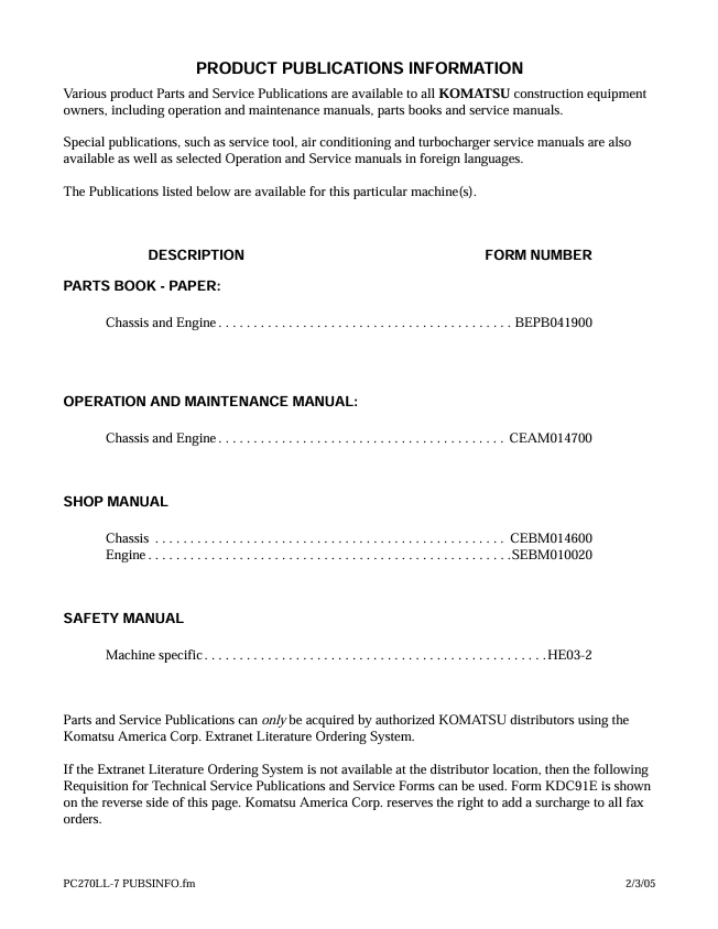 Komatsu PC270LL-7L Operation & Maintenance Manual – Hydraulic Excavator PDF