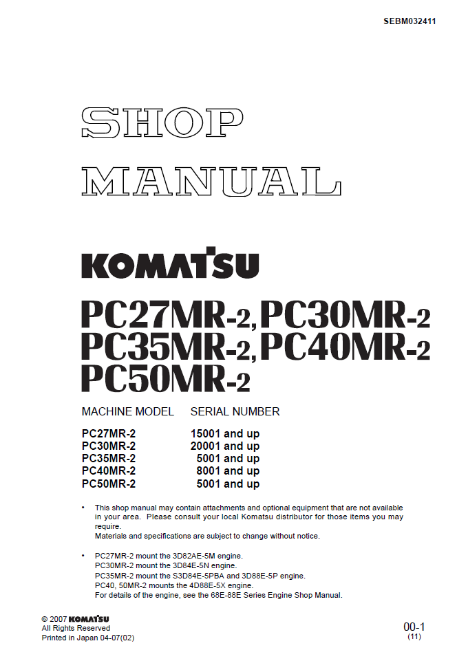 Komatsu PC27MR-2 PC30MR-2 PC35MR-2 Manual SEBM032411 PDF