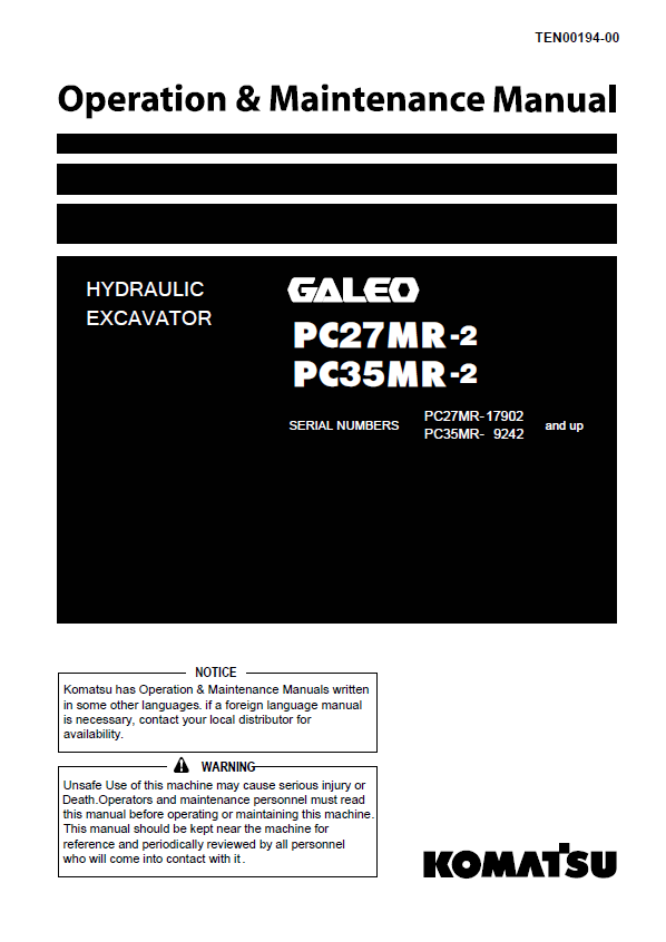 Komatsu PC27MR-2 & PC35MR-2 Hydraulic Excavator Operation & Maintenance Manual