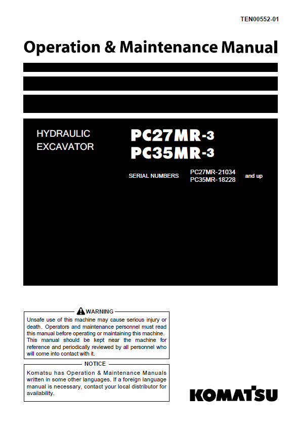 Komatsu PC27MR-3 & PC35MR-3 Hydraulic Excavator Operation & Maintenance Manual PDF