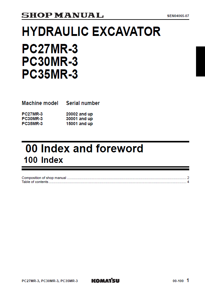Komatsu PC27MR-3 PC30MR-3 PC35MR-3 Shop Manual SEN04063-07