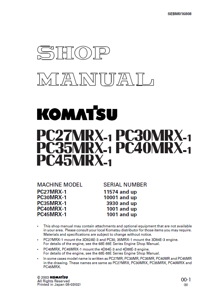 Komatsu PC27MRX-1 PC30MRX-1 PC35MRX-1 Shop Manual SEBM016808 PDF