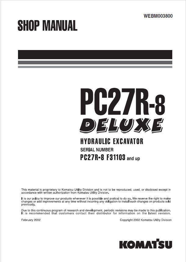 Komatsu PC27R-8 Hydraulic Excavator Service & Repair Shop Manual (PDF)