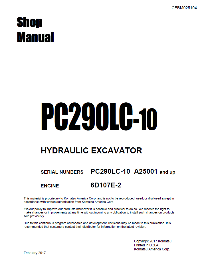 Komatsu PC290LC-10 Hydraulic Excavator Shop Manual | CEBM025104 PDF